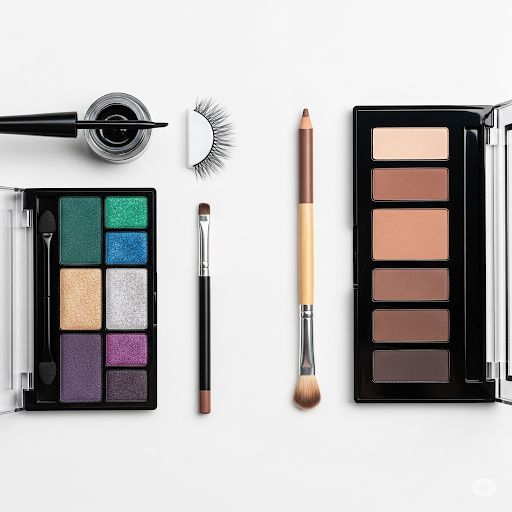 چیدمان محصولات آرایشی برای دو سبک اسموکی، شامل پالت سایه رنگی، پالت نود، خط چشم ژله&zwnj;ای و براش آرایشی.