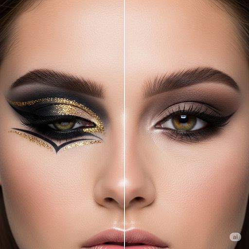 تصویر مقایسه&zwnj;ای از صورت یک مدل که نیمی از آن آرایش اسموکی دراماتیک عربی و نیم دیگر آرایش اسموکی لطیف اروپایی دارد